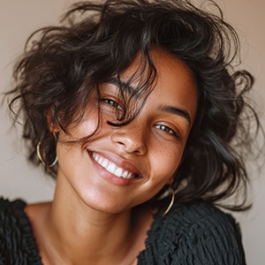 Portrait of confident, smiling woman against neutral background