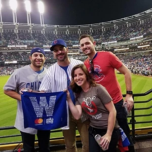 Chicago dental implant patient smiling with friends